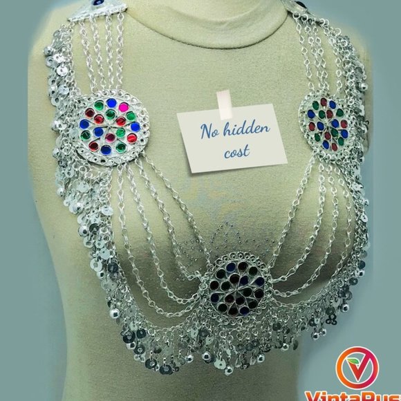 Multilayers Silver Bib Necklace With Dangling Tassels and Three Big Motifs - Picture 6 of 10